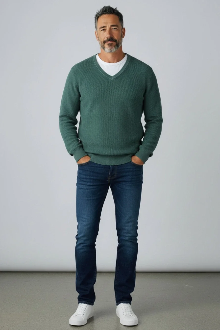 Lands’ End Men’s XL Green 100% Merino Wool V-Neck Textured Knit Sweater